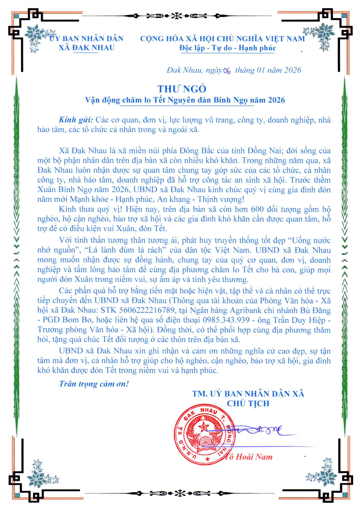 Xã Đak Nhau kêu gọi ủng hộ chăm lo Tết cho các hộ gia đình có hoàn cảnh khó khăn